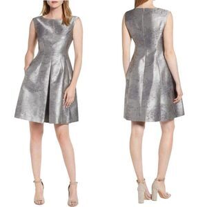 Vtg 80s Metallic Silver Fit Flare Dress Sz 14 Pockets Holiday‎ Party Cocktail